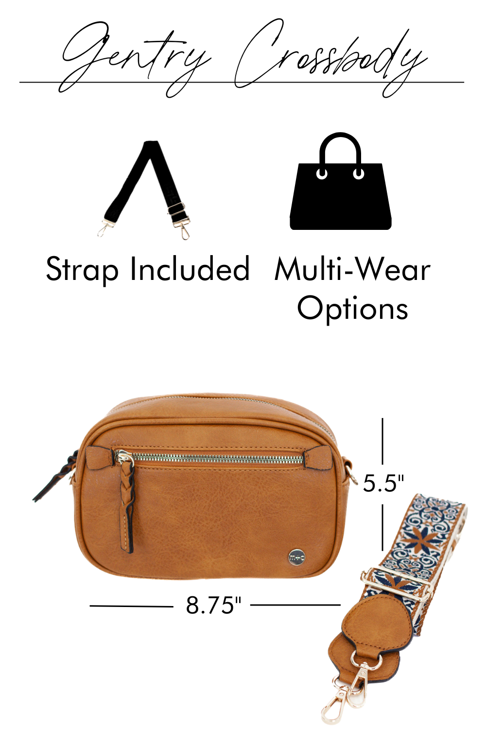 Graphic images showing the features and benefits of a Drury Road Gentry Vegan Leather Crossbody Bag in camel.