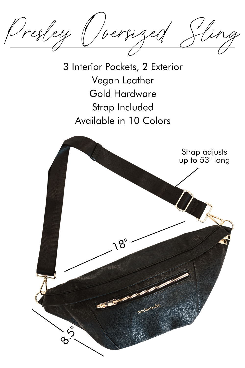 A graphic image showing the features and benefits of an oversized Drury Road Presley Oversized Sling Bag for Women with gold hardware.