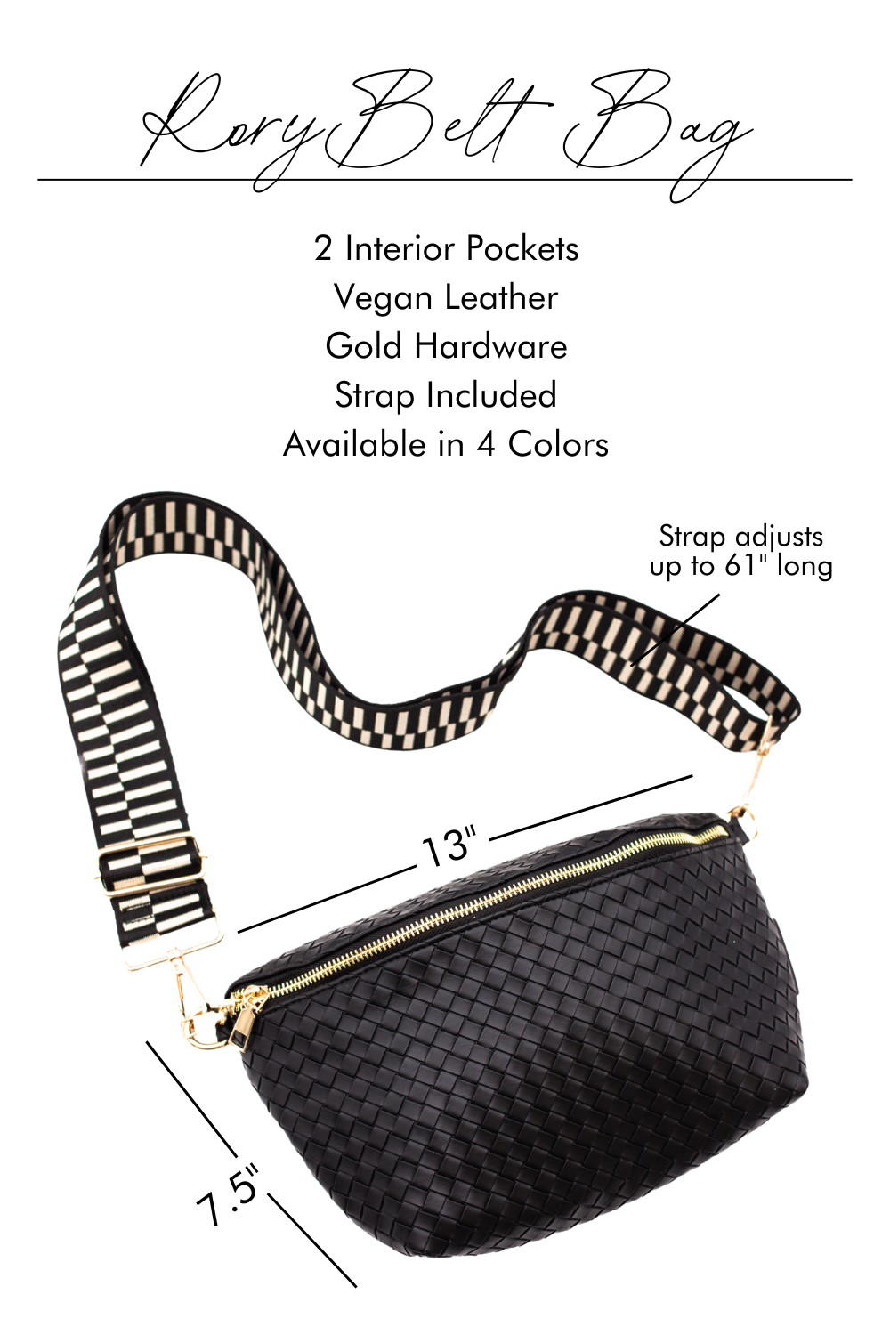 A graphic image pointing out the features and benefits of a black criss cross style Drury Road Rory Oversized Belt Bag for Women with a gold zipper and hardware crossbody.