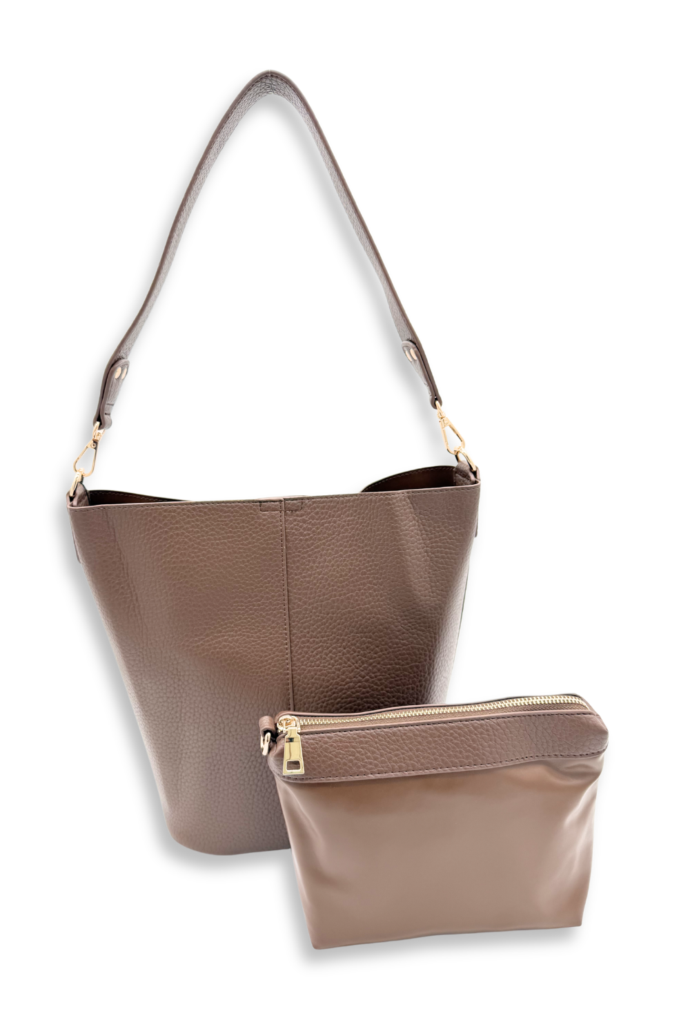 A brown Drury Road vegan leather Sophie Bucket Bag and coordinating zipper pouch for Women – on a white background.