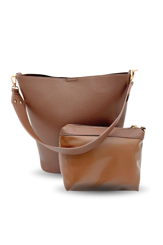 A brown Drury Road vegan leather Sophie Bucket Bag and coordinating zipper pouch for Women –  on a white background.