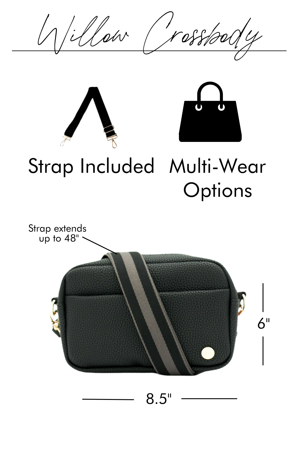 A graphic image showing the details of a black Drury Road Willow Vegan Leather Convertible Crossbody Bag on a white background. 
