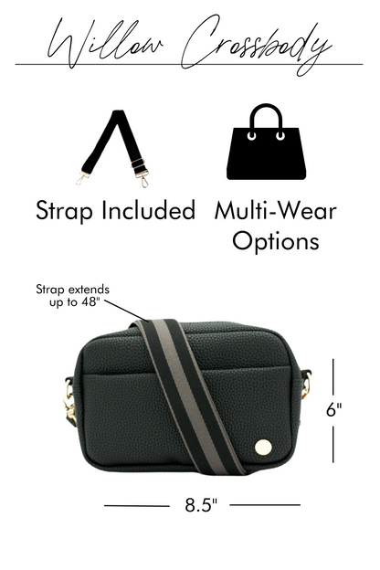 A graphic image showing the details of a black Drury Road Willow Vegan Leather Convertible Crossbody Bag on a white background. 