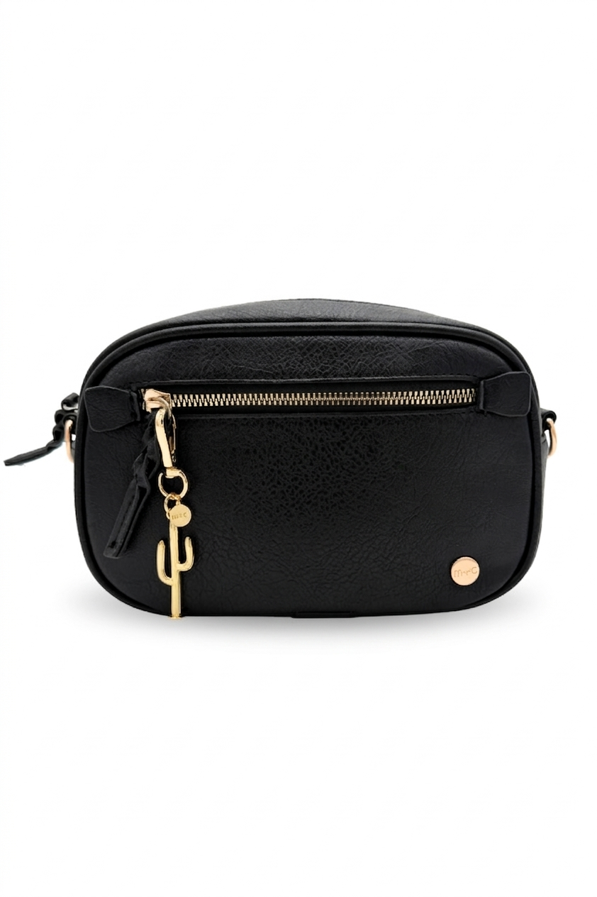 Black colored bag with a cactus charm attached against a white background.