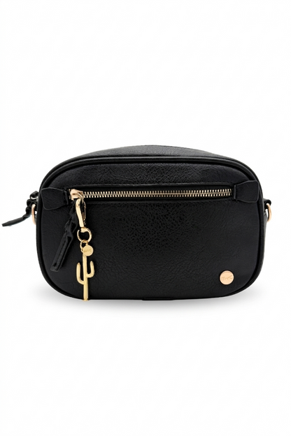 Black colored bag with a cactus charm attached against a white background.