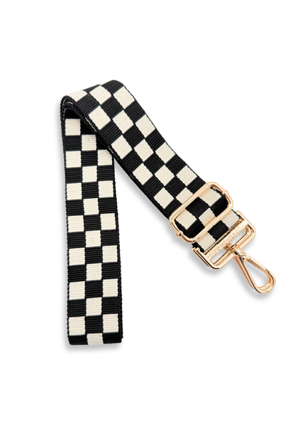 Black and white Drury Road Lizzie Checkered Purse Strap for Crossbody Bags on a white background.
