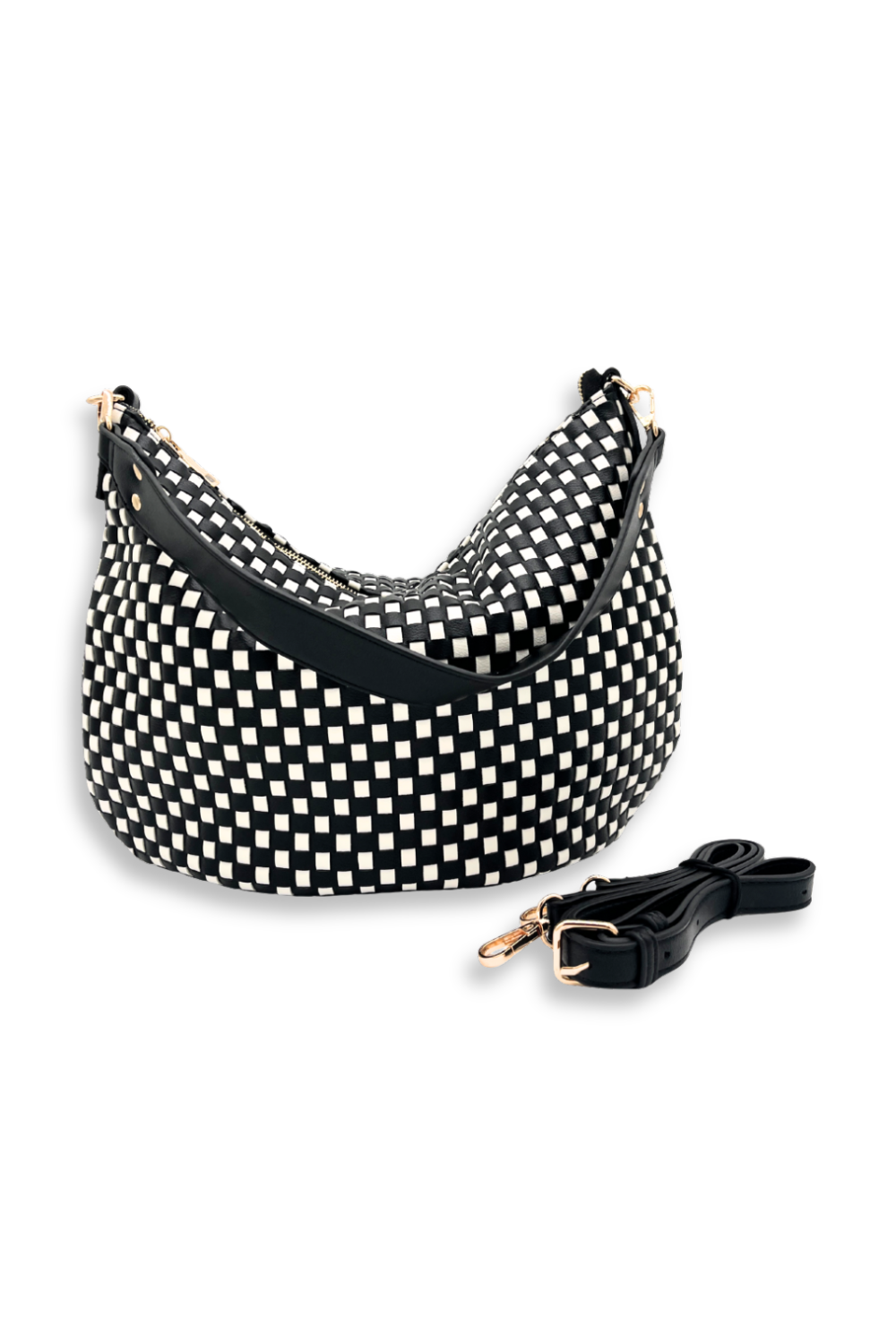 A black and white woven Drury Road Savannah Slouchy Tote – Women's Shoulder & Crossbody Bag on a white background. 