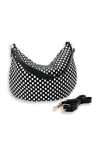 A black and white woven Drury Road Savannah Slouchy Tote – Women's Shoulder & Crossbody Bag on a white background. 