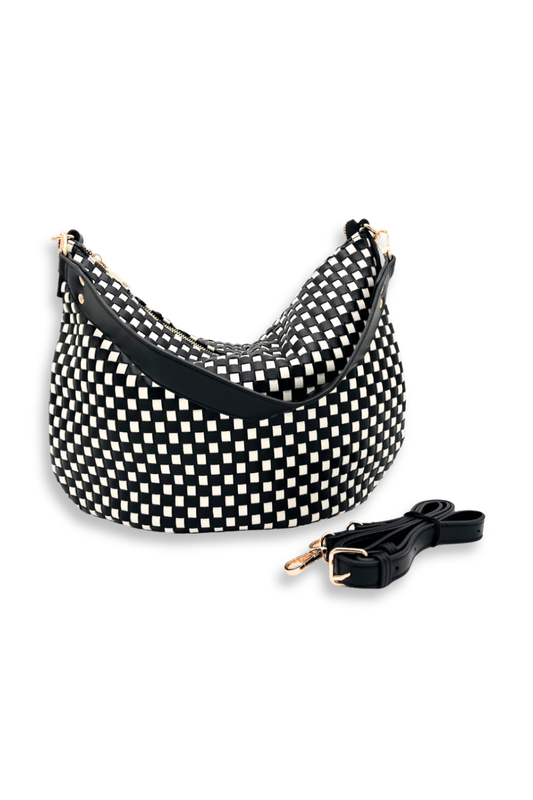 A black and white woven Drury Road Savannah Slouchy Tote – Women's Shoulder & Crossbody Bag on a white background. 