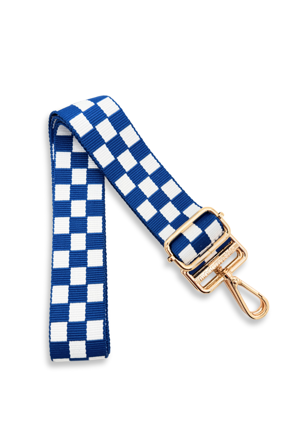 Blue and white Drury Road Lizzie Checkered Purse Strap for Crossbody Bags on a white background.