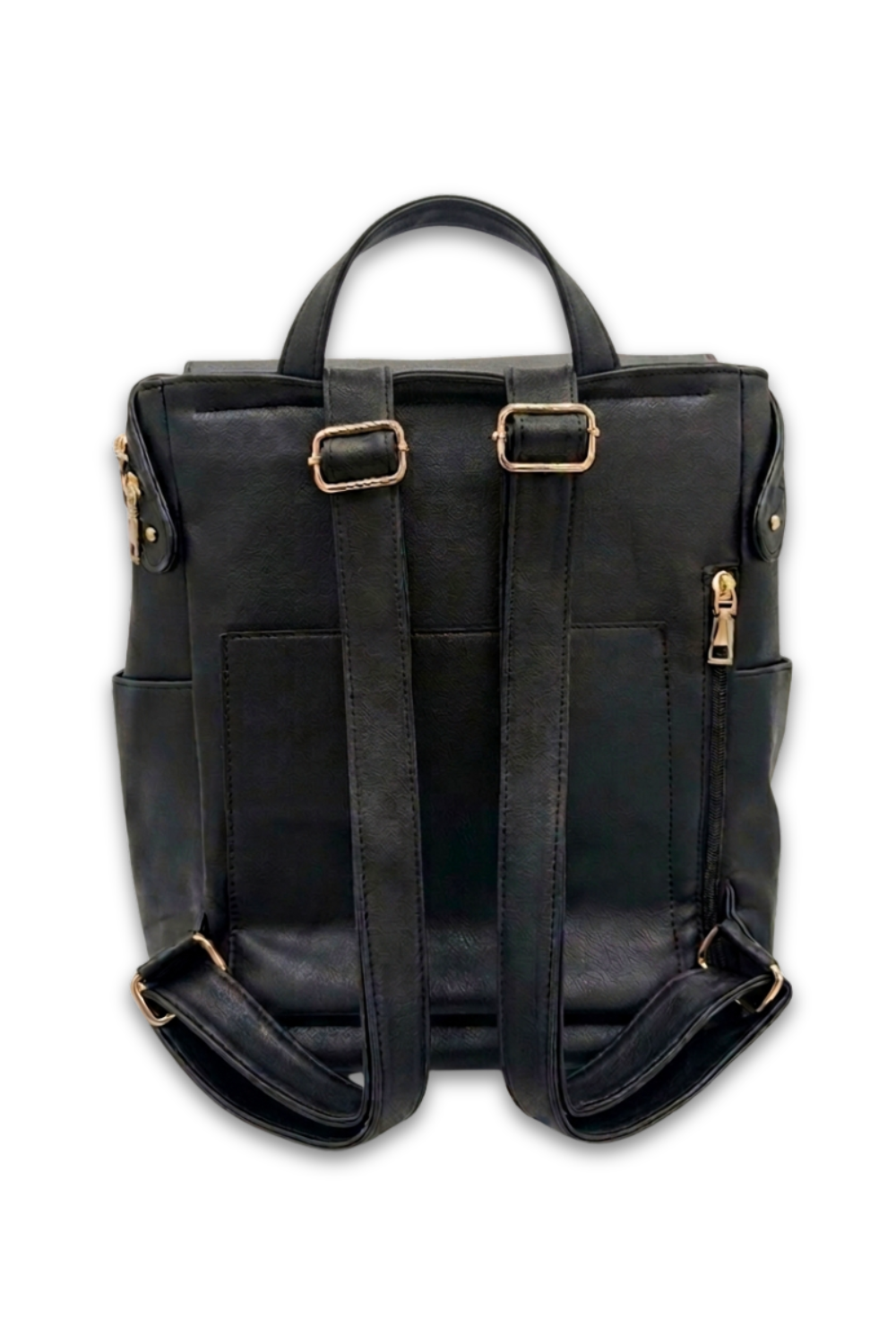 The back of a black Drury Road Brielle 2.0 Vegan Leather Convertible Backpack Purse for Women with gold hardware on a white background. 