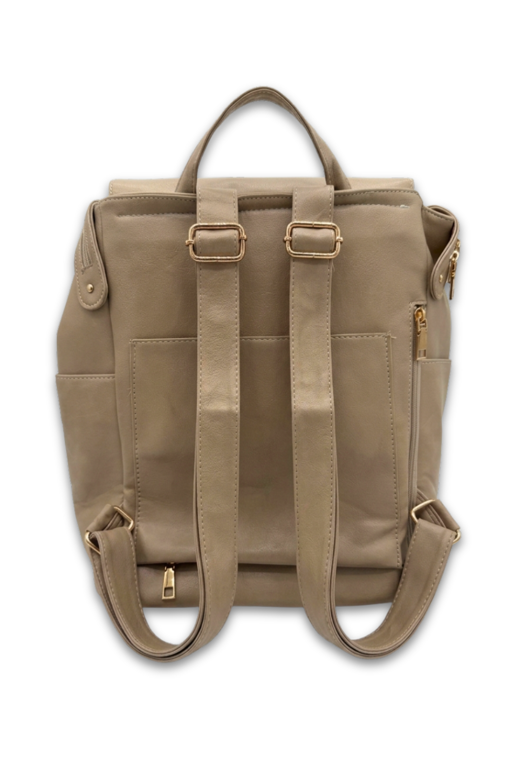 The back of a taupe colored Drury Road Brielle 2.0 Vegan Leather Convertible Backpack Purse for Women with gold hardware on a white background. 
