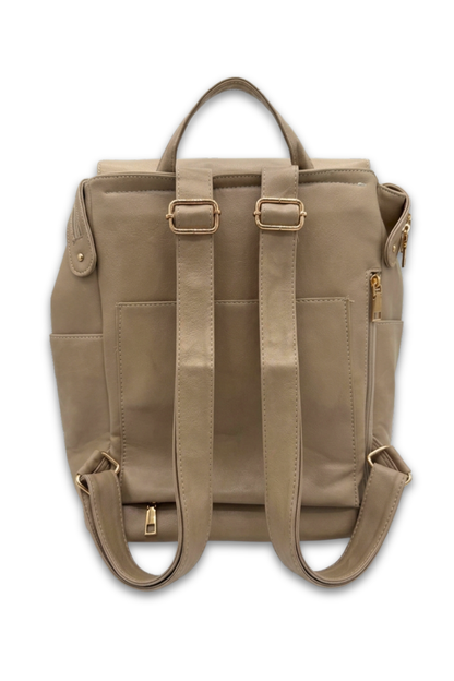 The back of a taupe colored Drury Road Brielle 2.0 Vegan Leather Convertible Backpack Purse for Women with gold hardware on a white background. 