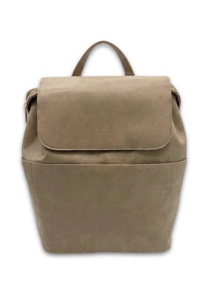 A taupe colored Drury Road Brielle 2.0 Vegan Leather Convertible Backpack Purse for Women on a white background. 