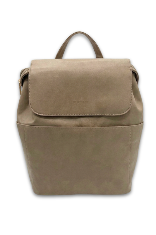 A taupe colored Drury Road Brielle 2.0 Vegan Leather Convertible Backpack Purse for Women on a white background. 