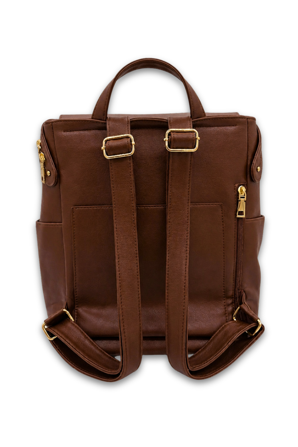 The back of a Dark Brown Drury Road Brielle 2.0 Vegan Leather Convertible Backpack Purse for Women with gold hardware on a white background. 