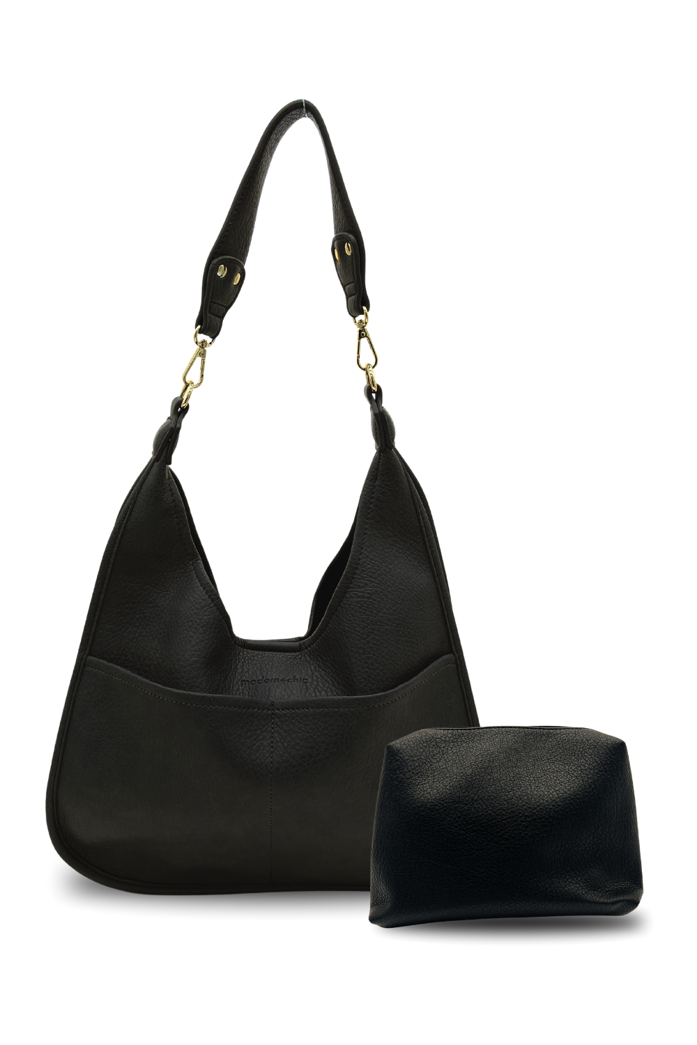 A black Drury Road Clara Vegan Leather Slouchy Tote Bag for Women with coordinating removable zipper pouch on a white background. 