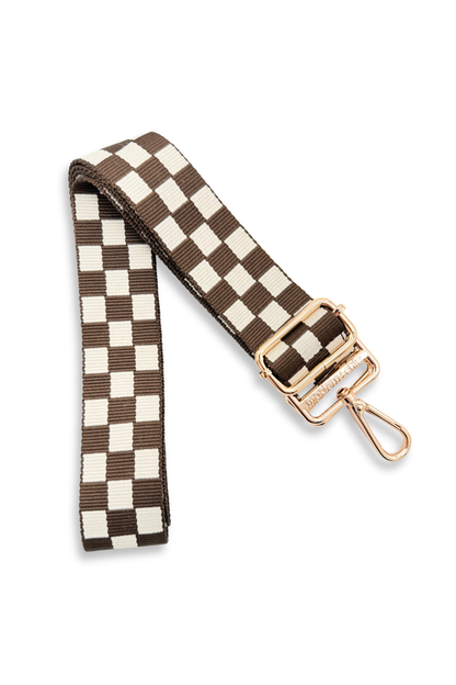 Brown and white Drury Road Lizzie Checkered Purse Strap for Crossbody Bags on a white background.