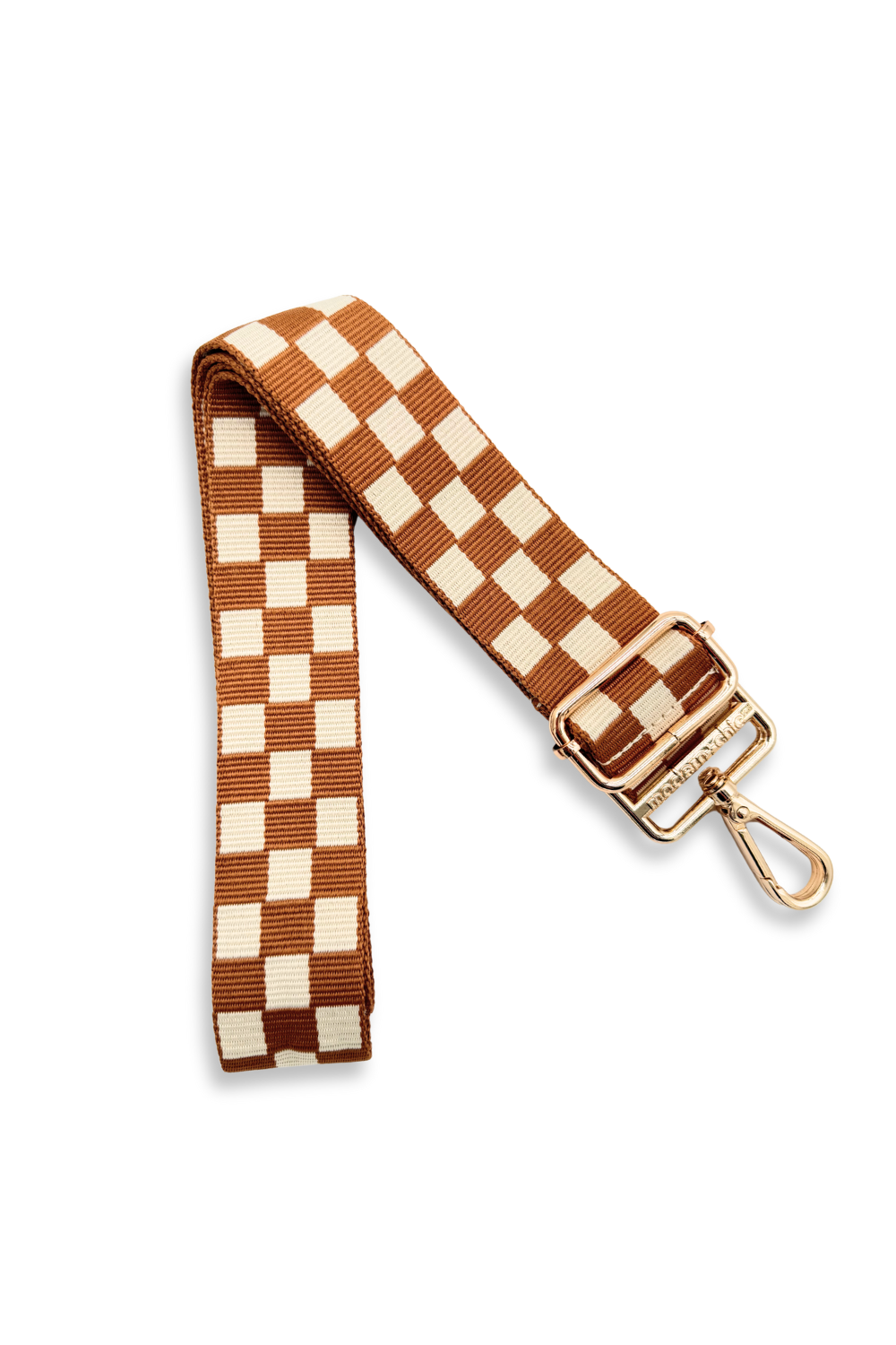 Camel and white Drury Road Lizzie Checkered Purse Strap for Crossbody Bags on a white background.