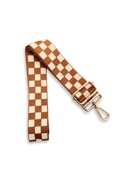 Camel and white Drury Road Lizzie Checkered Purse Strap for Crossbody Bags on a white background.