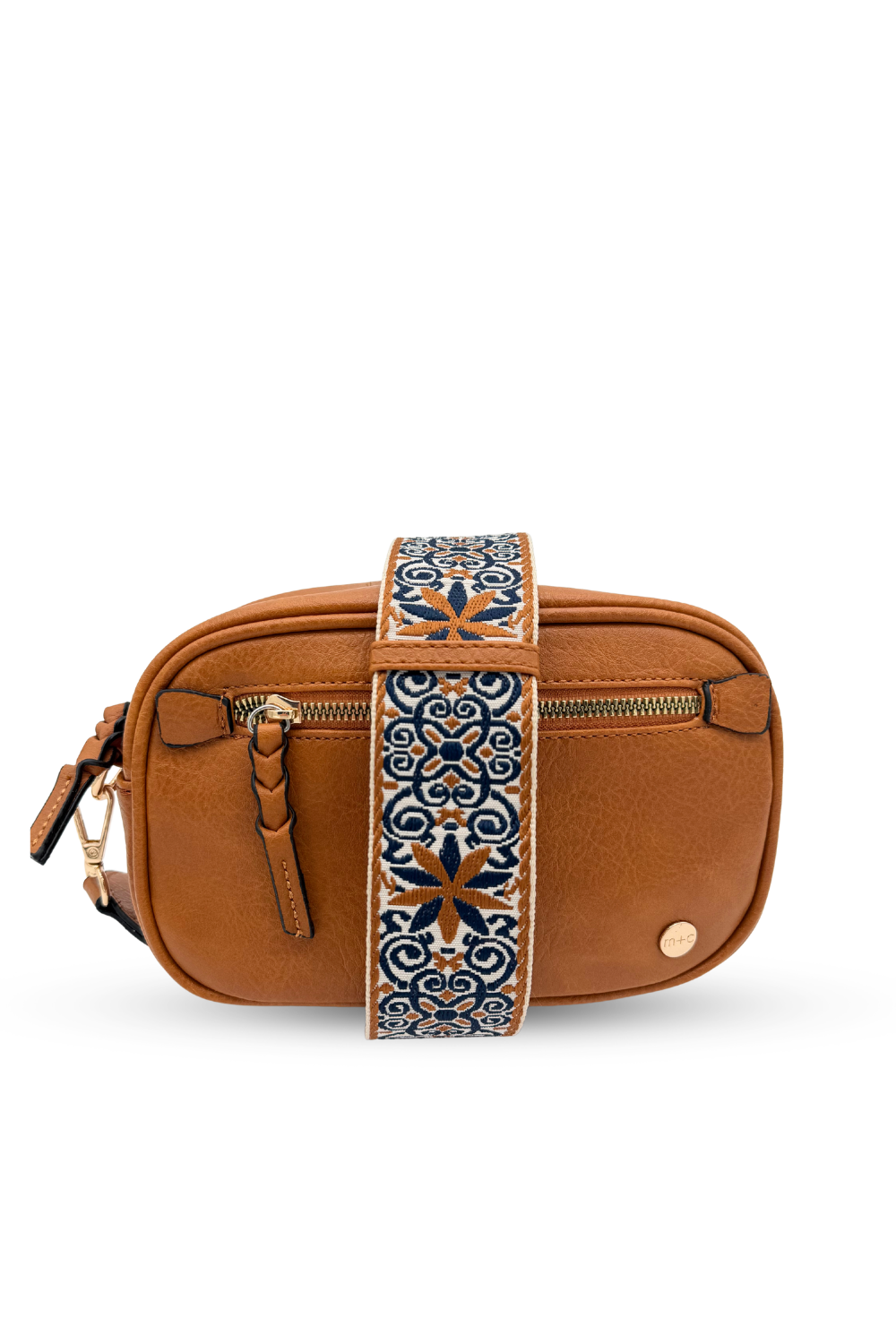 Drury Road Gentry Vegan Leather Crossbody Bag in camel.