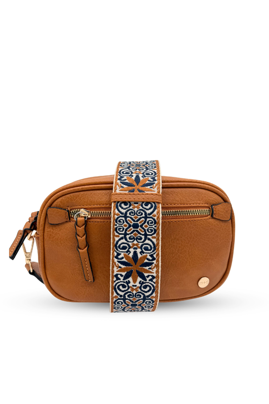 Drury Road Gentry Vegan Leather Crossbody Bag in camel.