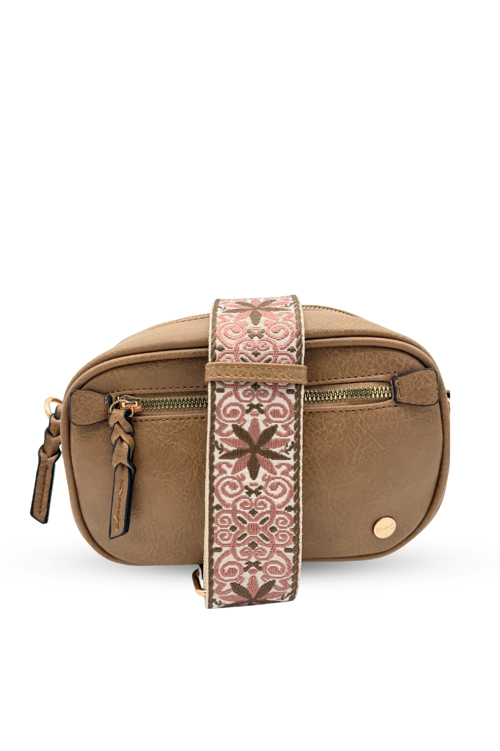 A beige Drury Road Gentry Vegan Leather Crossbody Bag on a white background.