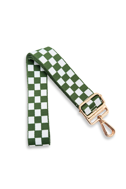 Green and white Drury Road Lizzie Checkered Purse Strap for Crossbody Bags on a white background.