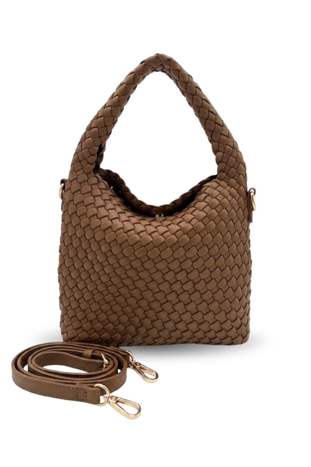 Brown woven handbag with a matching strap on a white background
