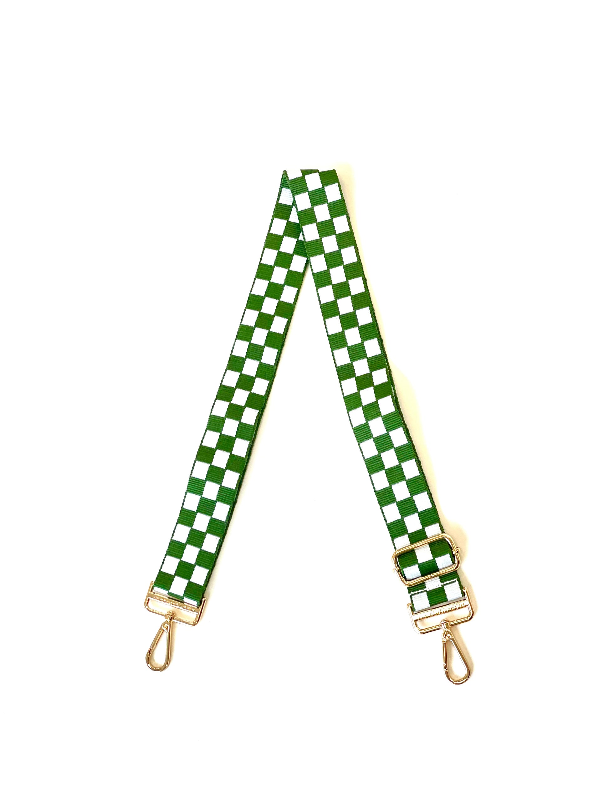 Greenand white Drury Road Lizzie Checkered Purse Strap for Crossbody Bags on a white background.
