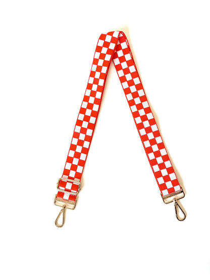 Red and white Drury Road Lizzie Checkered Purse Strap for Crossbody Bags on a white background.