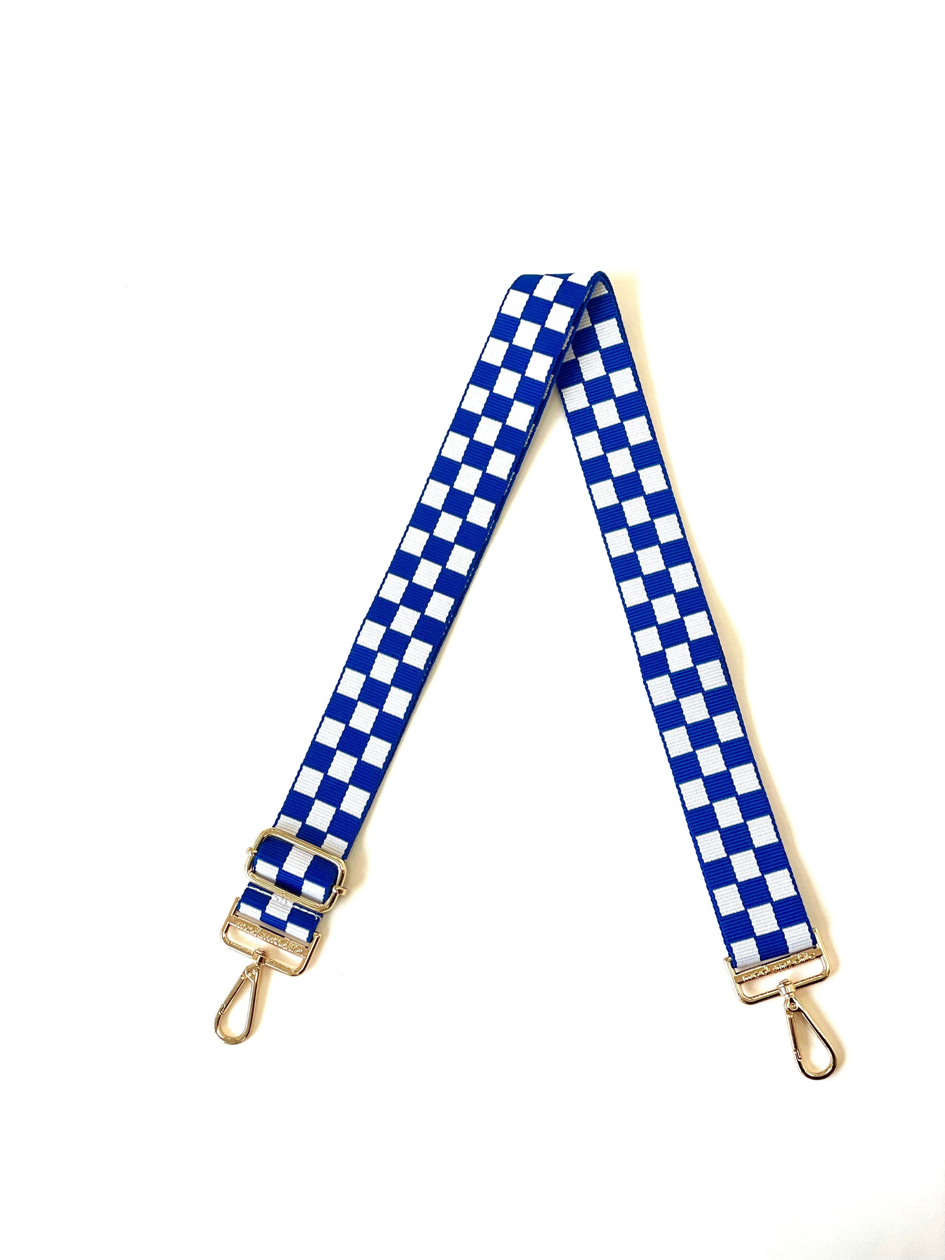 Blue and white Drury Road Lizzie Checkered Purse Strap for Crossbody Bags on a white background.