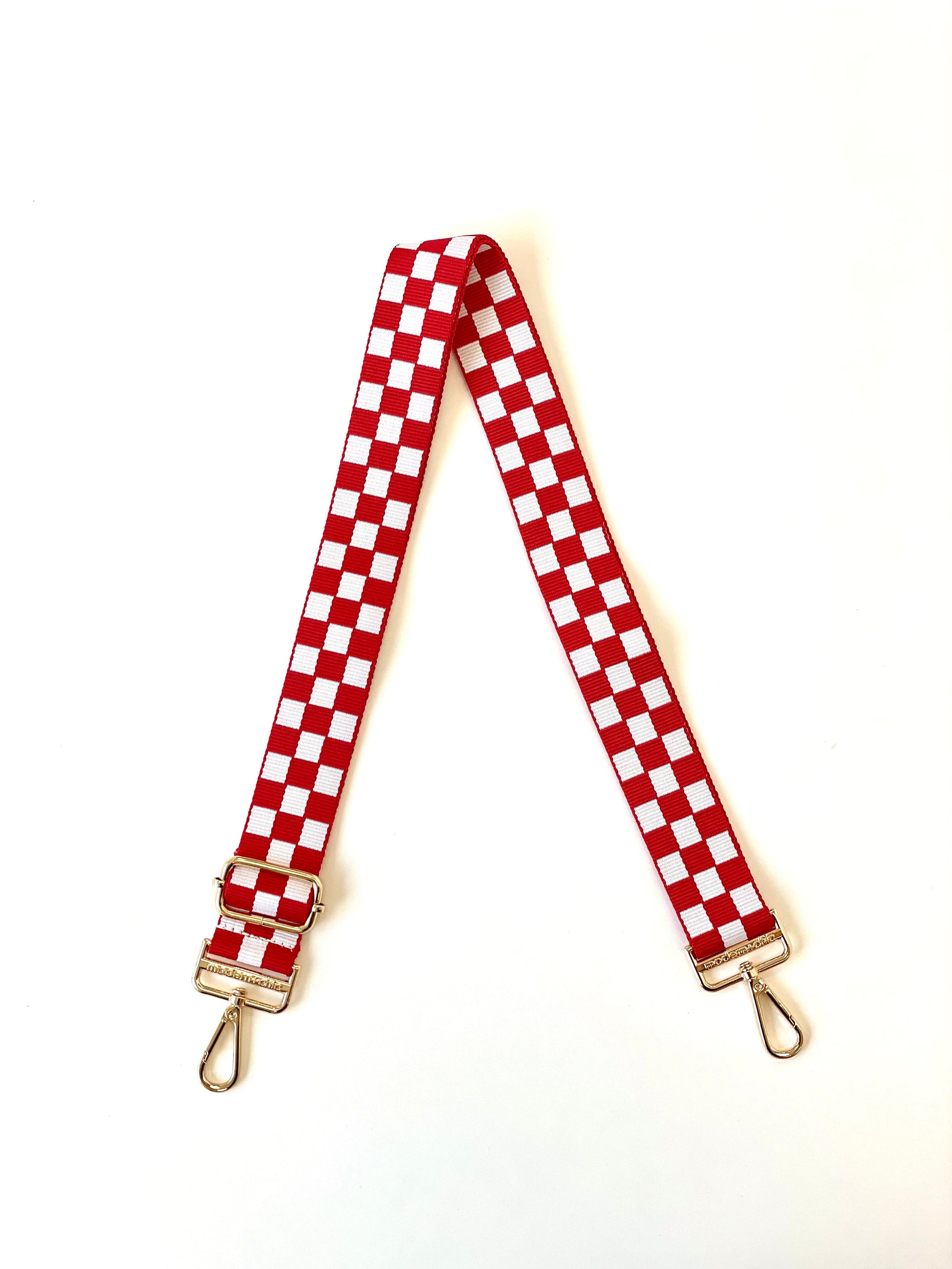 Red and white Drury Road Lizzie Checkered Purse Strap for Crossbody Bags on a white background.