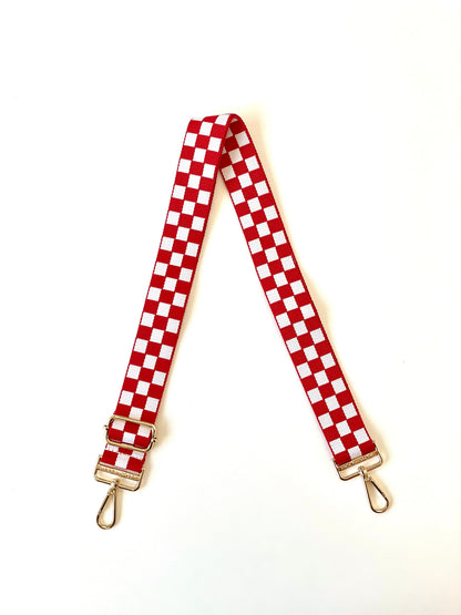 Red and white Drury Road Lizzie Checkered Purse Strap for Crossbody Bags on a white background.