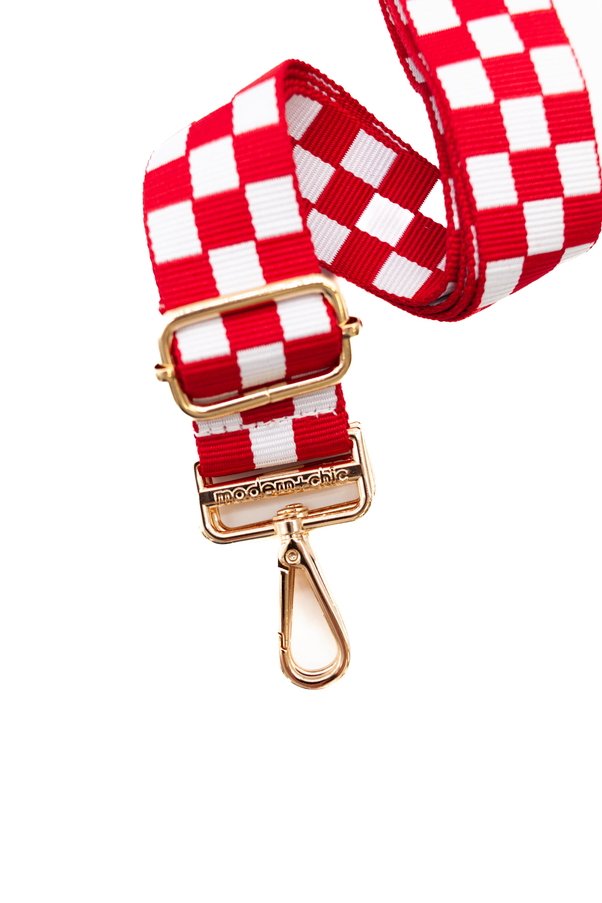 Red and white Drury Road Lizzie Checkered Purse Strap for Crossbody Bags on a white background.