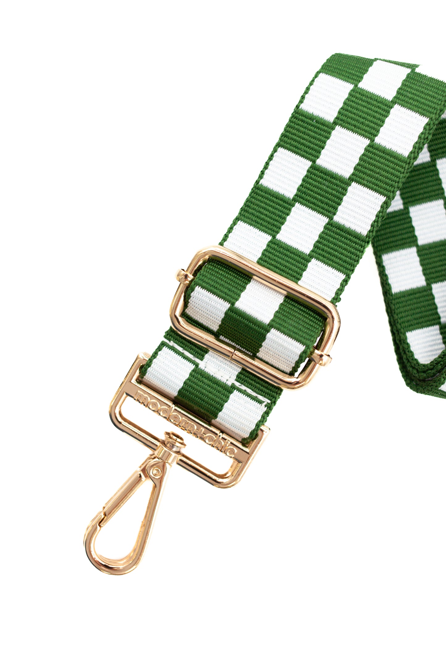Green and white Drury Road Lizzie Checkered Purse Strap for Crossbody Bags on a white background.