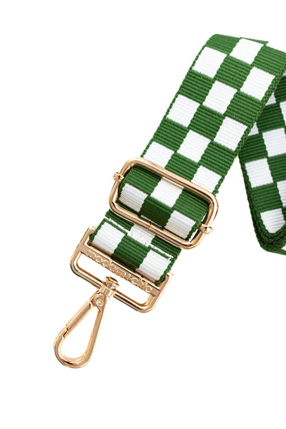 Green and white Drury Road Lizzie Checkered Purse Strap for Crossbody Bags on a white background.