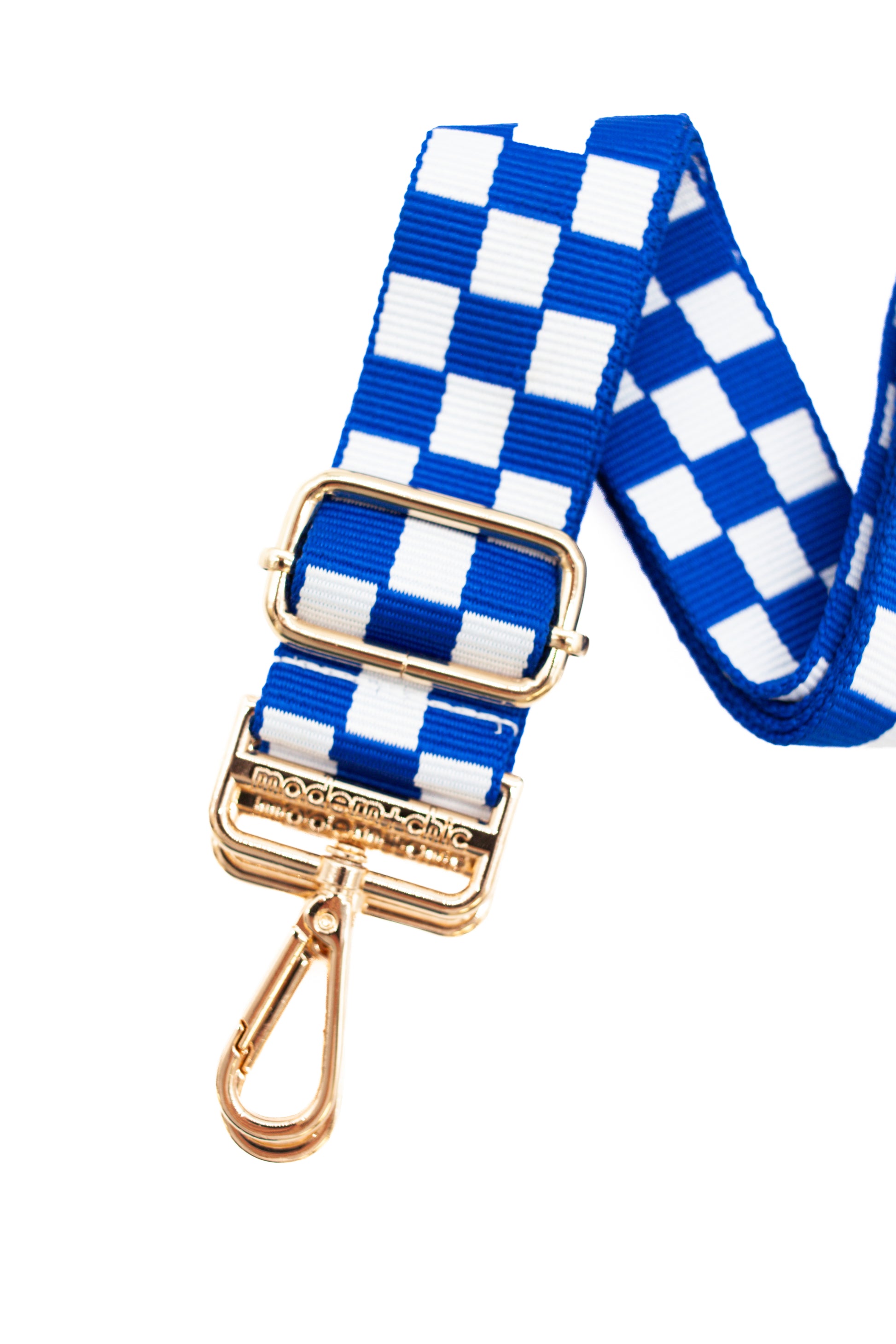 Blue and white Drury Road Lizzie Checkered Purse Strap for Crossbody Bags on a white background.