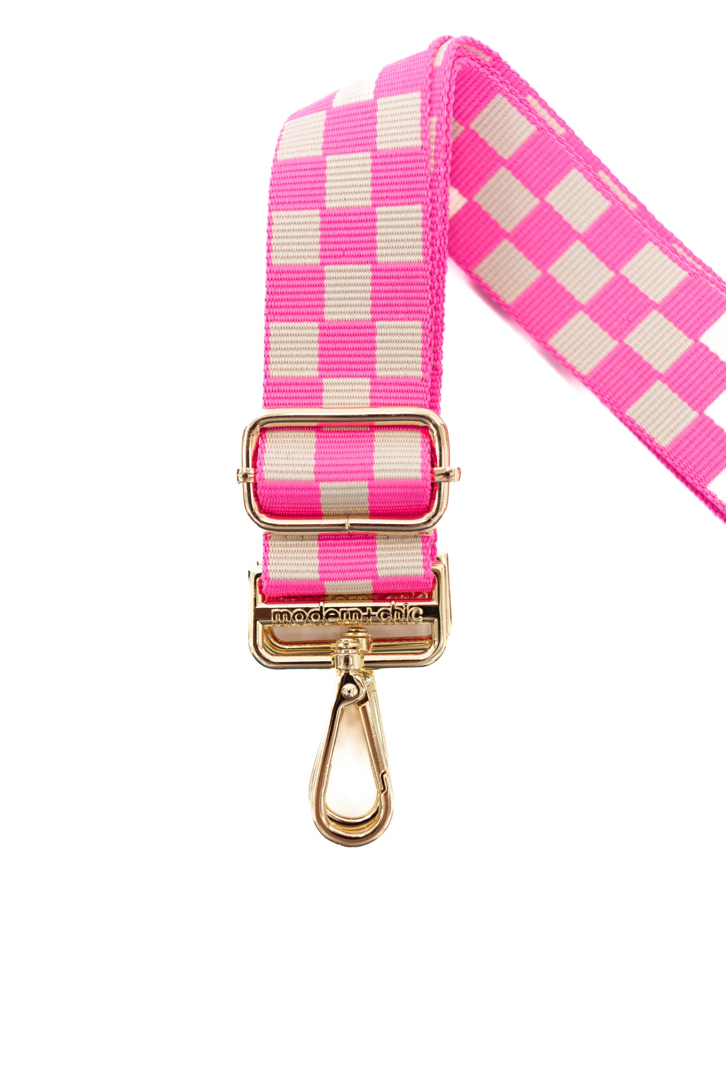 Hot pink and white Drury Road Lizzie Checkered Purse Strap for Crossbody Bags on a white background.