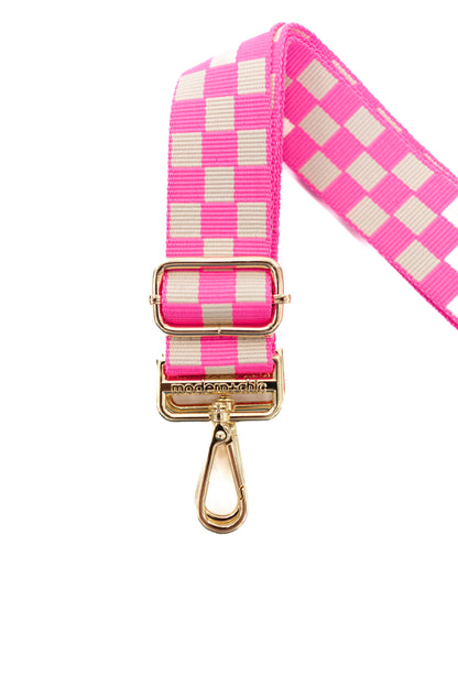 Hot pink and white Drury Road Lizzie Checkered Purse Strap for Crossbody Bags on a white background.