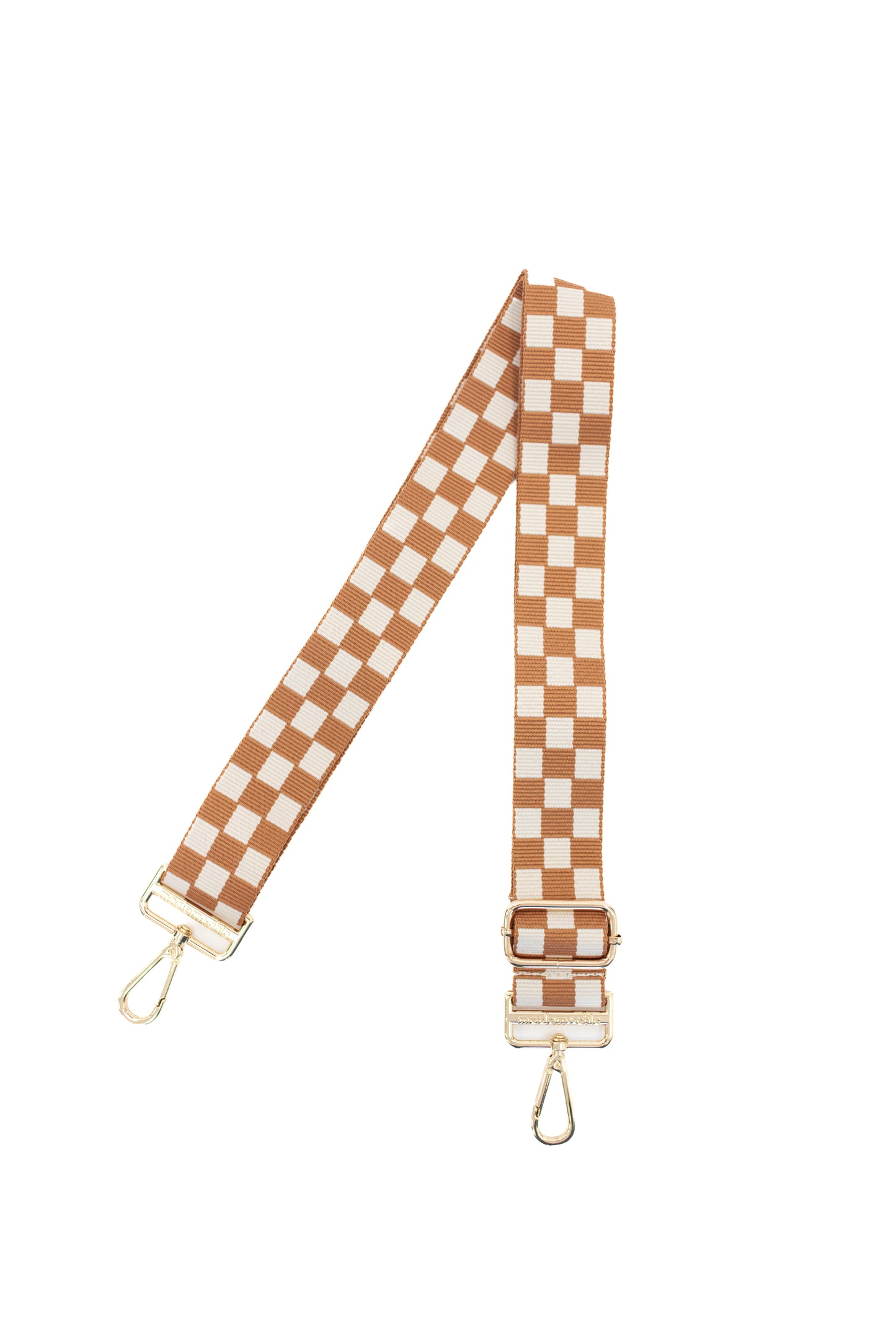 Tan and white Drury Road Lizzie Checkered Purse Strap for Crossbody Bags on a white background.