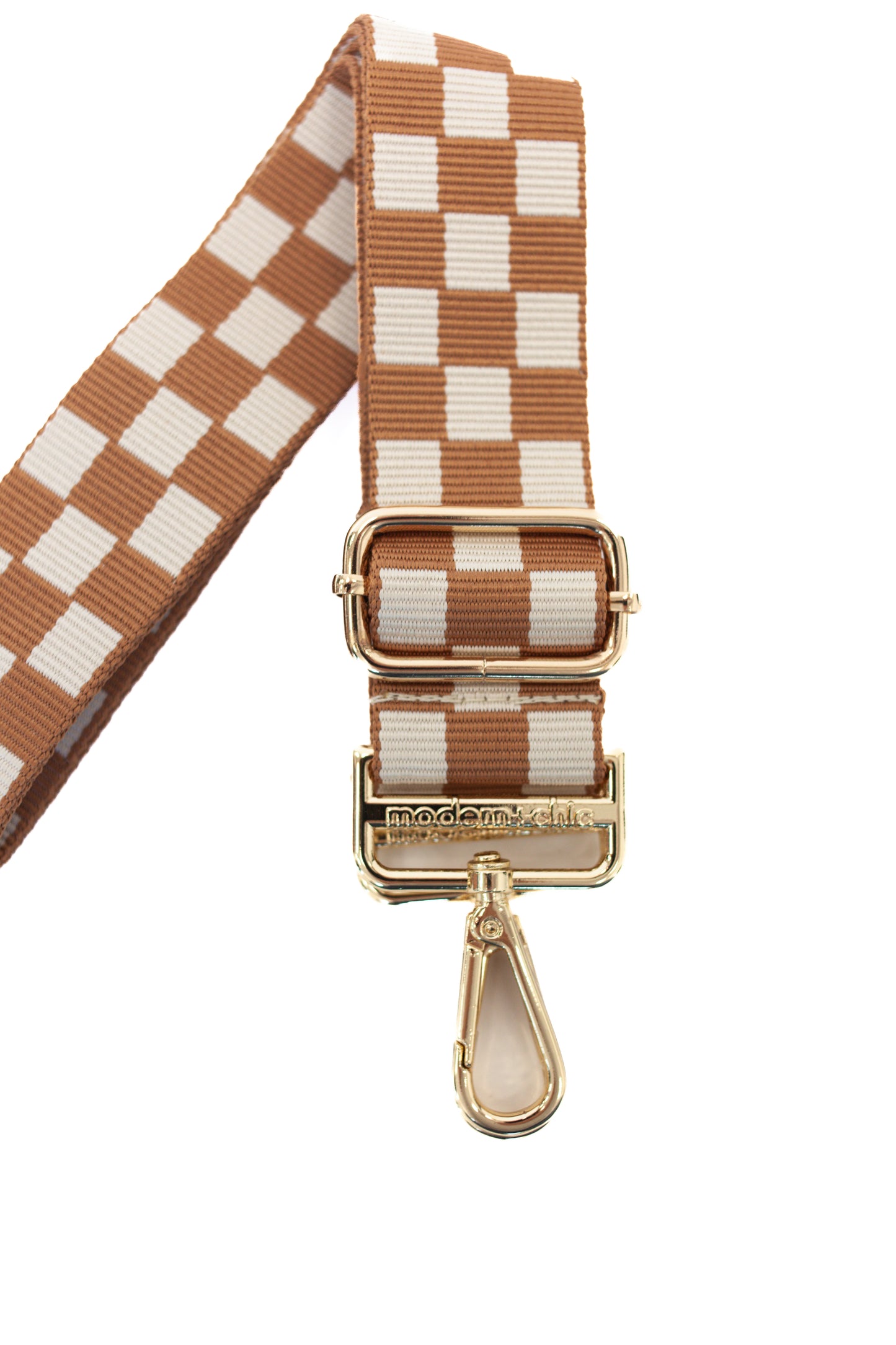 Tan and white Drury Road Lizzie Checkered Purse Strap for Crossbody Bags on a white background.
