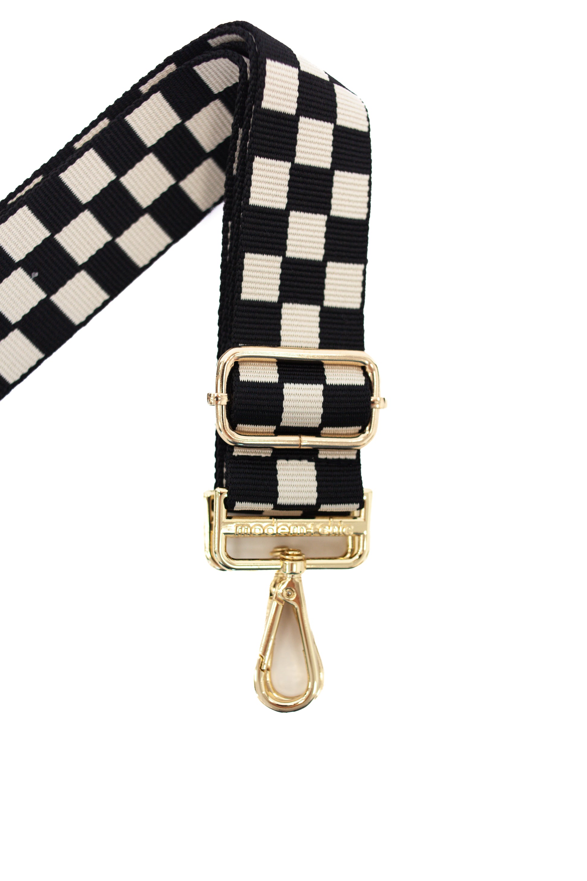 Black and white Drury Road Lizzie Checkered Purse Strap for Crossbody Bags on a white background.