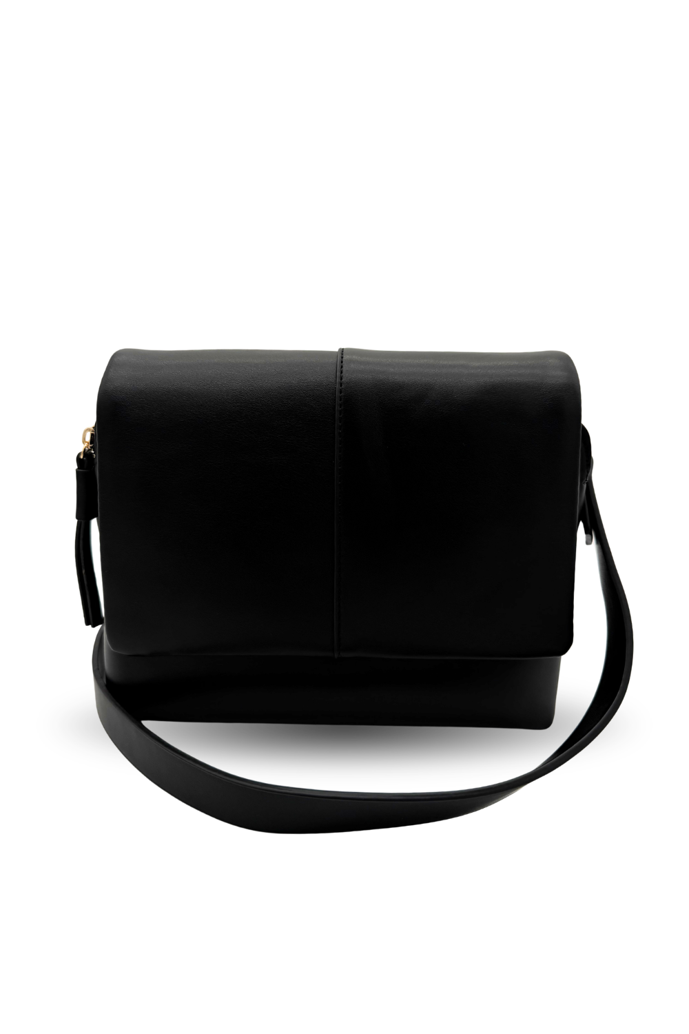 Black handbag with a strap on a white background