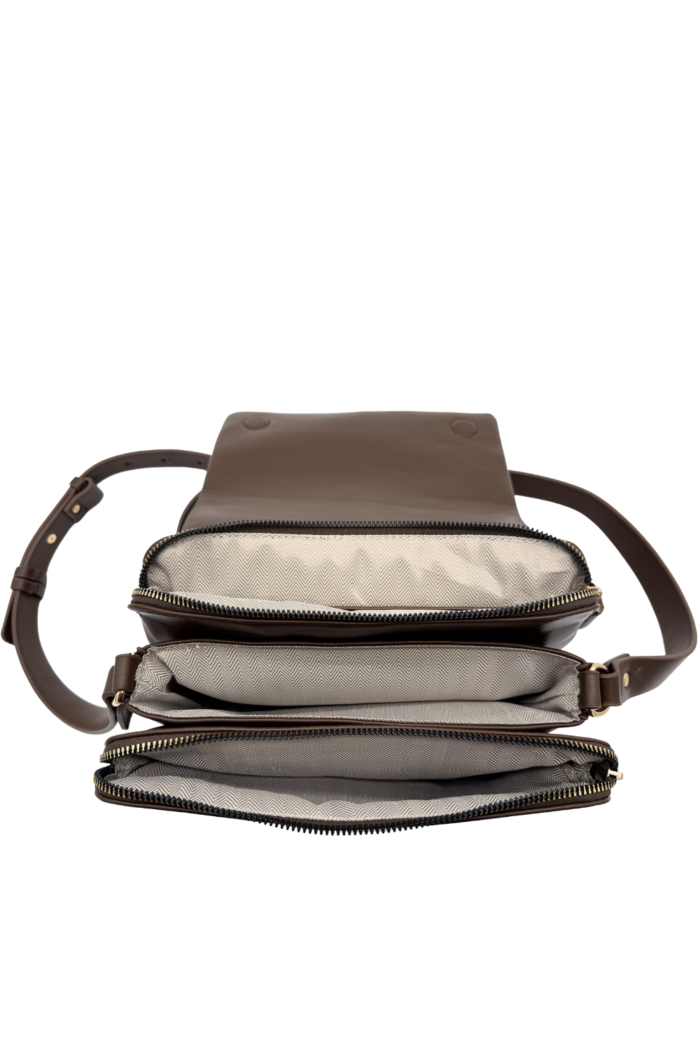 Brown leather crossbody bag with multiple compartments on a white background