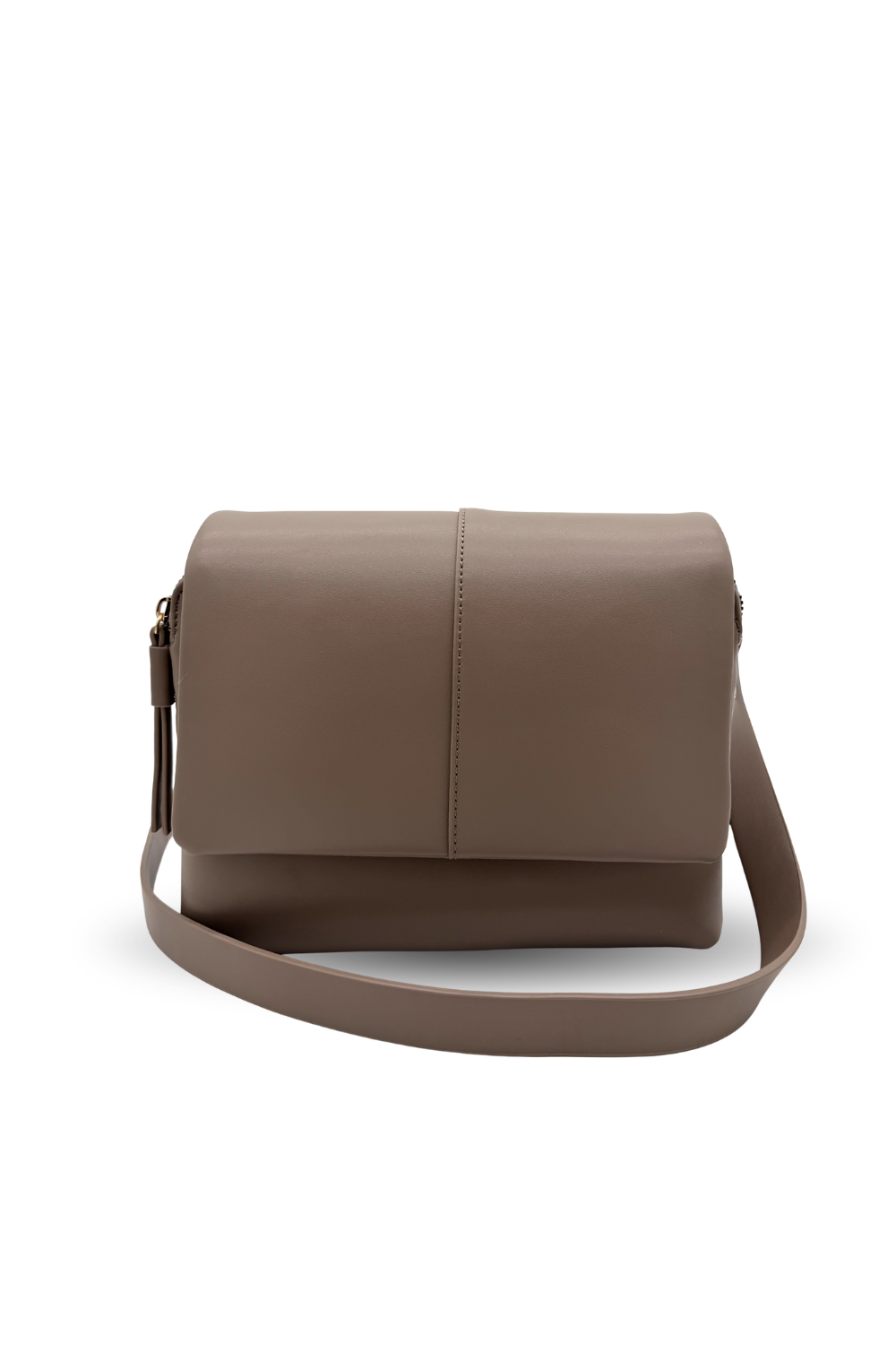 Brown leather shoulder bag on a white background