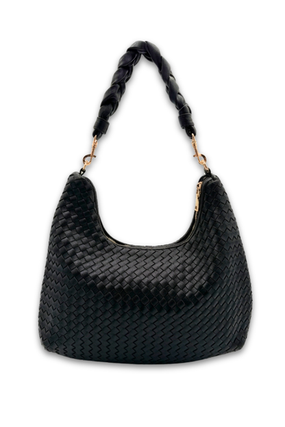 Black woven handbag with braided handle on a white background