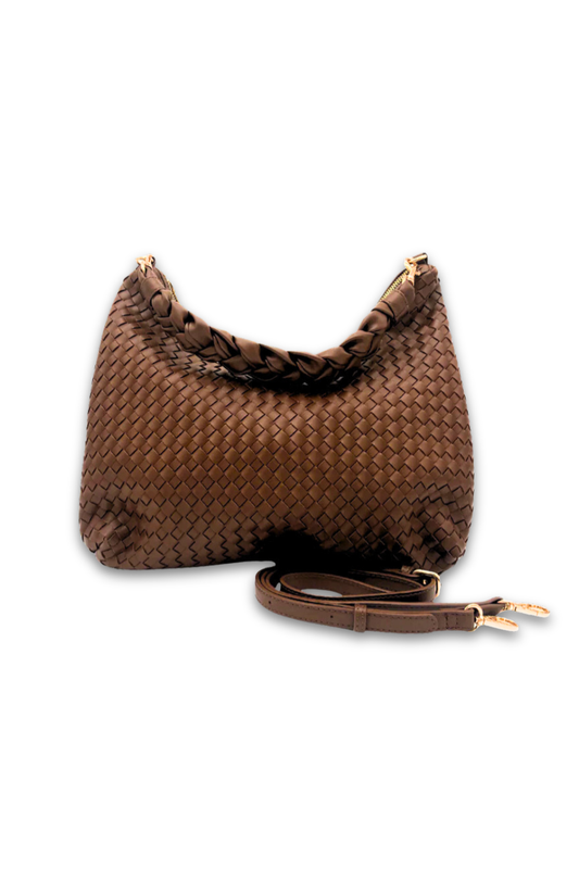 Brown woven handbag with a strap on a white background