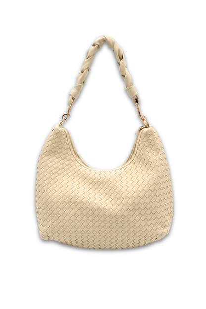 Beige woven handbag with braided handle on a white background