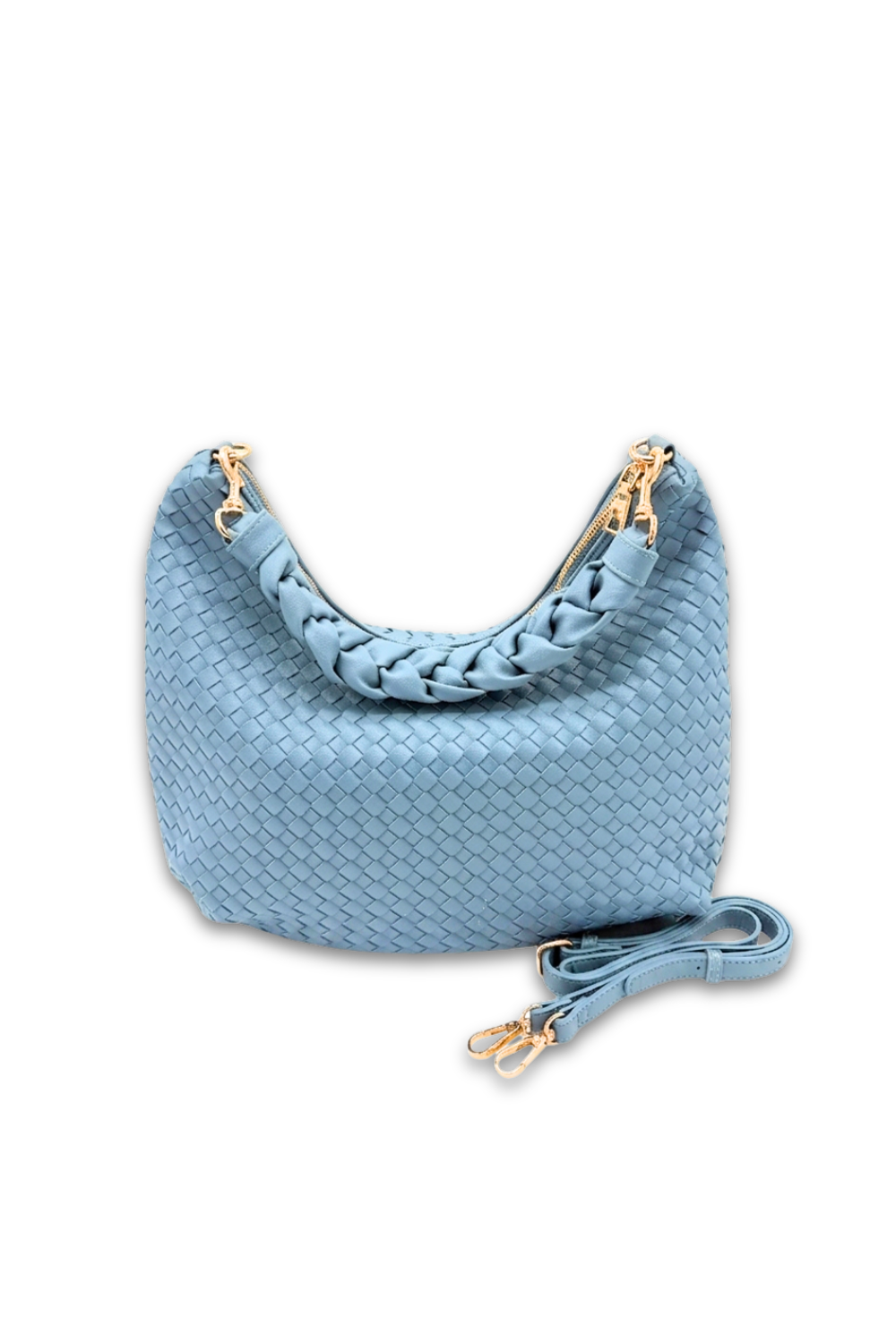 Light blue woven handbag with a strap on a white background